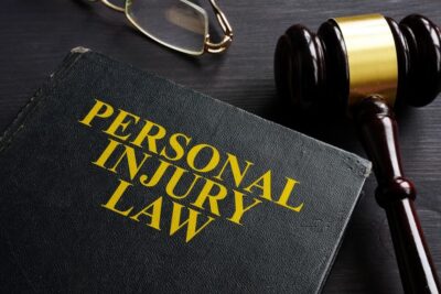 Personal injury law book with glasses and gavel