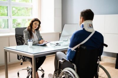 Injured man in wheelchair speaks with attorney about disability