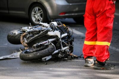 Emergency personnel at the scene of a motorcycle accident