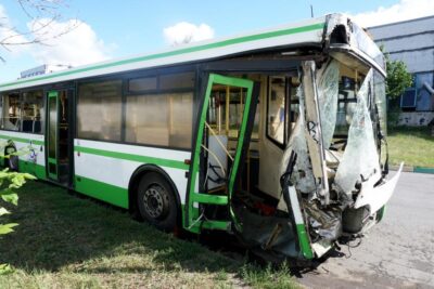 Damaged bus after bad accident