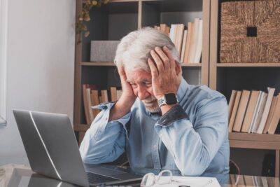 Elderly man stresses over filing documents on laptop