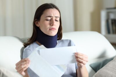 Injured disabled woman reads bills