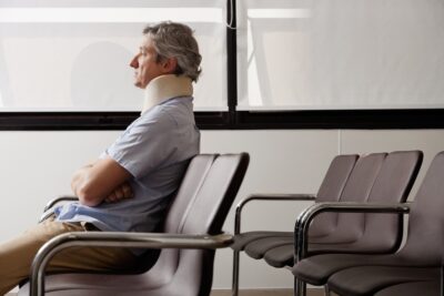 Man with neck brace waits in hospital lobby