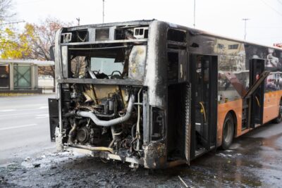 Burnt front end of a bus