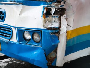 Damaged front end of a bus