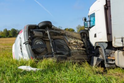 Overturned truck crashed into mini suv