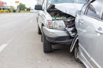 Rear end collision showing extensive damage