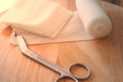 Gauze and surgical scissors