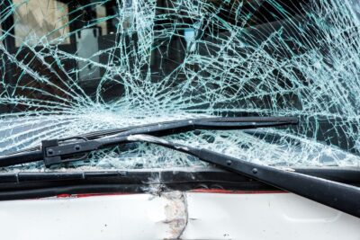 Smashed bus windshield