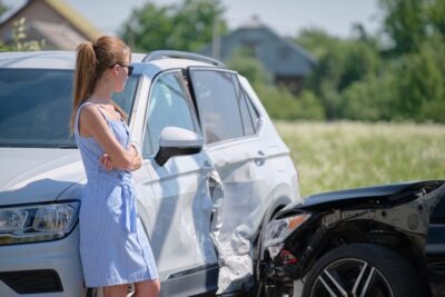 Woman waiting for help after car crash scaled