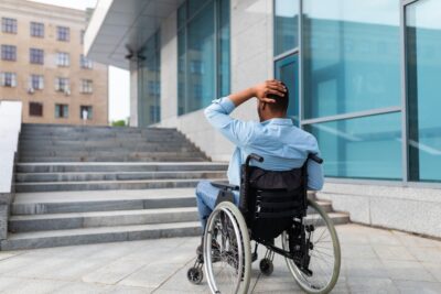 Black man in a wheelchair going up stairs