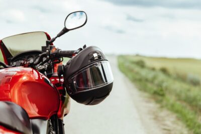 Close up on motorcycle helmet on bike