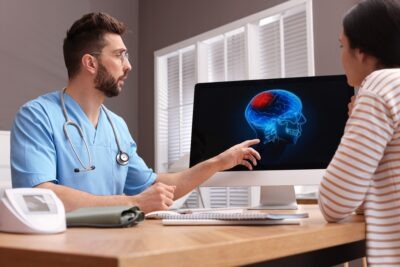 Neurologist going over brain scan with a patient