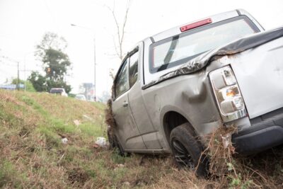 Crashed pickup truck