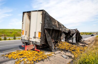 Crashed truck spilling out freight