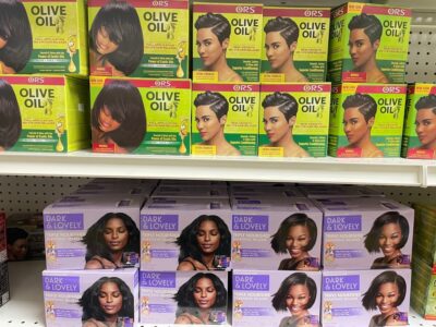 Hair relaxers on a store shelf