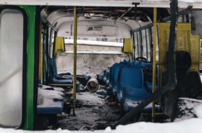 Hollowed out bus after a crash