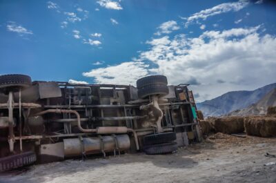 Overturned tractor trailer in cold weather