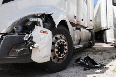 Smashed fender of white tractor trailer