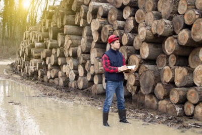 Logger standing next to a wall of logs scaled