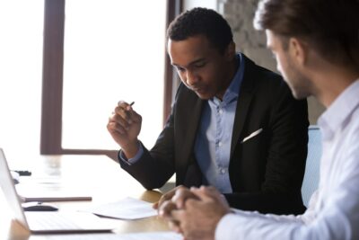 Lawyer and client conversing