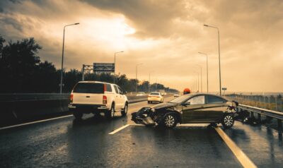 Crash on rainy highway