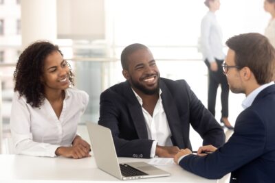 Happy people negotiating a settlement 1