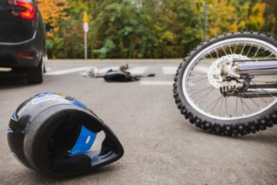 Damaged helmet after motorcycle accident