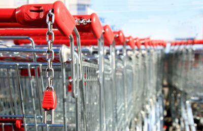 Aldi shopping carts in a line