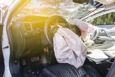 Crashed car with deployed airbag scaled