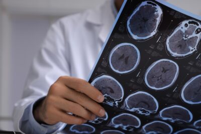 Doctor evaluating brain scans for a concussion