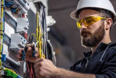 Male electrician working at a switchboard