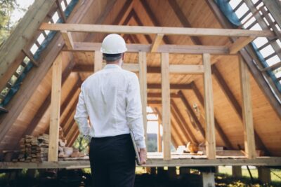 A construction contractor looks at a house being built and thinks about his rights if he is injured on the job.