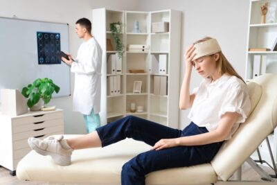 A young woman in the doctor’s office with a concussion from whiplash