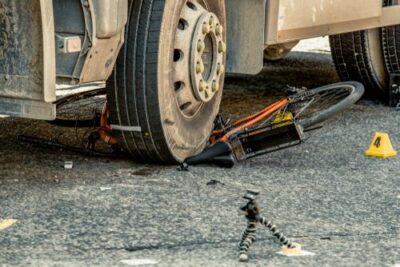 A truck and bicycle after a collision. A lawyer can explain what happens if the at-fault party doesn’t have truck insurance.