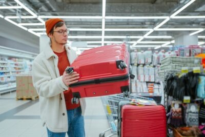 A man inspects a red suitcase at Target right before slipping and falling. He might get more than the average settlement for a slip and fall at Target.