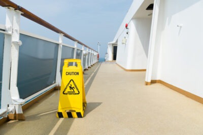 Wet floor sign on deck of cruise ship. What to do if you slip and fall on a cruise ship